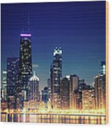Chicago Skyline By Night Wood Print