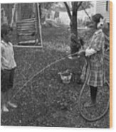 Children 6-7 Years Playing With Hose Wood Print
