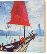 China, Hong Kong, Hong Kong Island, Victoria Harbor, Aqua Luna Junk In Victoria Harbor Wood Print