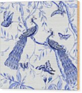 Chinoiserie Blue And White Peacocks And Butterflies Wood Print