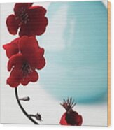 Close-up Of A Branch Of Red Flowers In Wood Print