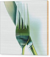 Close-up Of Fork And Knife On White Wood Print