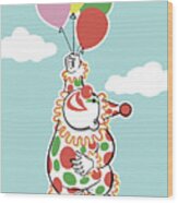 Clown Floating With Balloons Wood Print