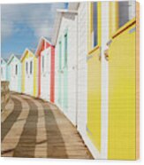 Colourful Bude Beach Huts Wood Print