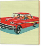 Couple Driving In Vintage Car Wood Print