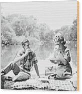 Couple Seated On Checkered Tablecloth Wood Print