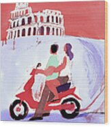 Couple Sightseeing On Motor Scooter Wood Print