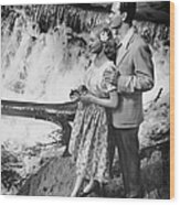 Couple Standing Near Waterfall Wood Print