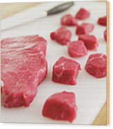 Cubed Raw Steak On Cutting Board Wood Print