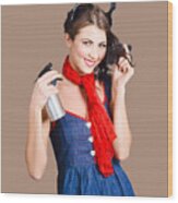 Cute Girl Model Styling A Hairdo. Pinup Your Hair Wood Print