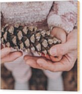 Dad And Baby Daughter Holding A Pine Cone Wood Print