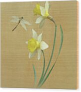 Daffodils And Dragonfly Wood Print