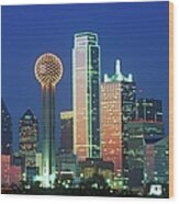 Dallas, Tx Skyline At Night With Wood Print