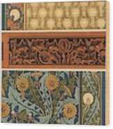 Dandelion In Art Nouveau Patterns For Fabric, Carved Border And Wallpaper.lithograph By M.p.verne... Wood Print