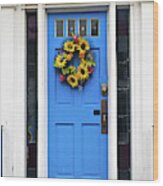Decorated Blue Door Wood Print