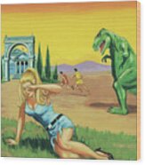Dinosaur With Woman On The Ground Wood Print