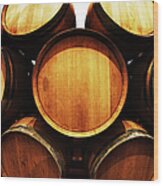 Distorted View Of Stacked Wine Barrels Wood Print