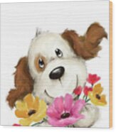 Dog With Flowers 2 Wood Print