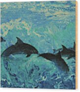 Dolphins Surf Wood Print