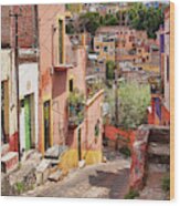 Downhill Narrow Street In Guanajuato, Mexico Wood Print