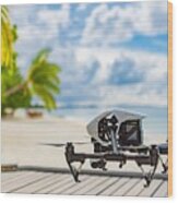 Drone Flying Over Sea Coast And Palm Wood Print