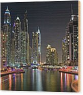 Dubai Marina By Night Wood Print