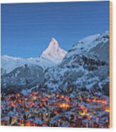 Early Morning Landscape View On Zermatt Wood Print
