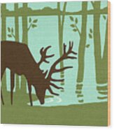 Elk Drinking From A Lake Wood Print