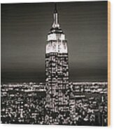 Empire State Building At Night Wood Print
