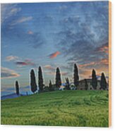 Farmhouse With Cypress Trees At Sunrise Wood Print