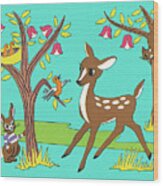 Fawn And Animals In The Woods Wood Print