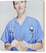 Female Doctor In Scrubs Wood Print