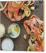 Fire Roasted Dungeness Crabs On Wooden Wood Print