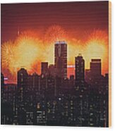 Firework Over City Skyline At Night Wood Print