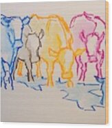 Five Cows Five Colors Watercolor Line Drawing Wood Print