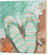 Flip Flops On The Beach Plain Wood Print