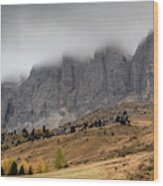 Foggy Mountain Landscape Of The Picturesque Dolomites Mountains Wood Print