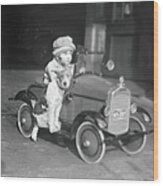 Girl In Toy Pedal Car With Dog Sitting Wood Print