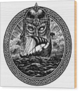 God Odin Storm Sea And Drakkar Wood Print