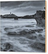 Godrevy Point Lighthouse, Cornwall, Monochrome Wood Print