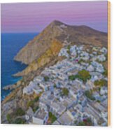 Greece, Aegean Islands, Cyclades, Mediterranean Sea, Aegean Sea, Greek Islands, Folegandros Island, Aerial View Of The Chora Of Folegandros At Sunset Wood Print