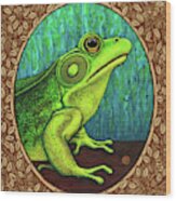 Green Frog Portrait - Brown Border Wood Print