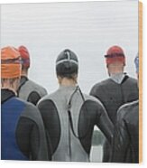 Group Of Triathletes Standing By Lake Wood Print