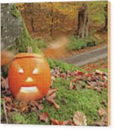 Halloween Pumpkin In Autumn Woodland Wood Print