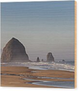 Haystack Rock Seen From North Of Cannon Wood Print