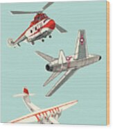 Helicopter And Airplanes Wood Print