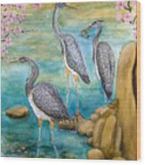 Herons In The Cherry Blossoms Wood Print