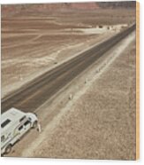 High Angle View Of Campervan Parked On Desert Roadside, Hacienda Ventilla, Ica, Peru Wood Print