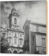 Historic Churches Of Porto Portugal Black And White Wood Print