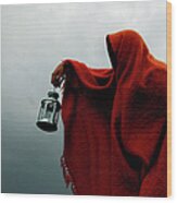 Hooded Crone Holds Lantern In Storm Wood Print